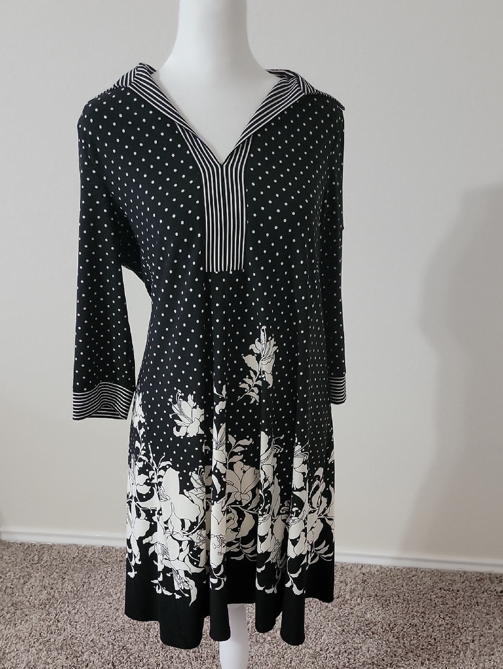 BCBGMaxAzria Petites Polka Dot With Flowers Dress- Black & White Medium Petite
